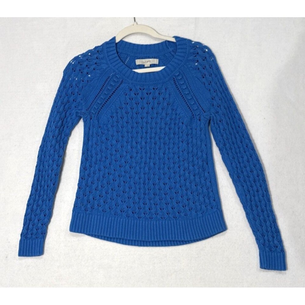 LOFT Blue XS Long Sleeve Chunky Open Cable-Knit Raglan Sweater Cozy Coastal Prep